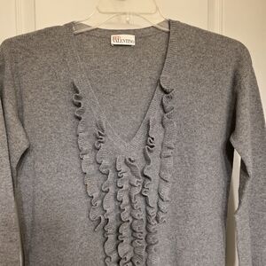 Valentino Elegant Gray V-Neck Sweater: Ruffles,wool cashmere blend size Large